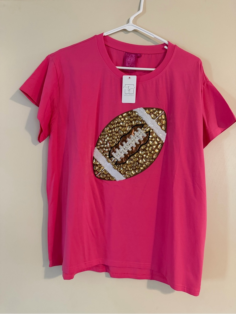 QUEEN OF SPARKLES Hot Pink Tee with Gold Sequin Football